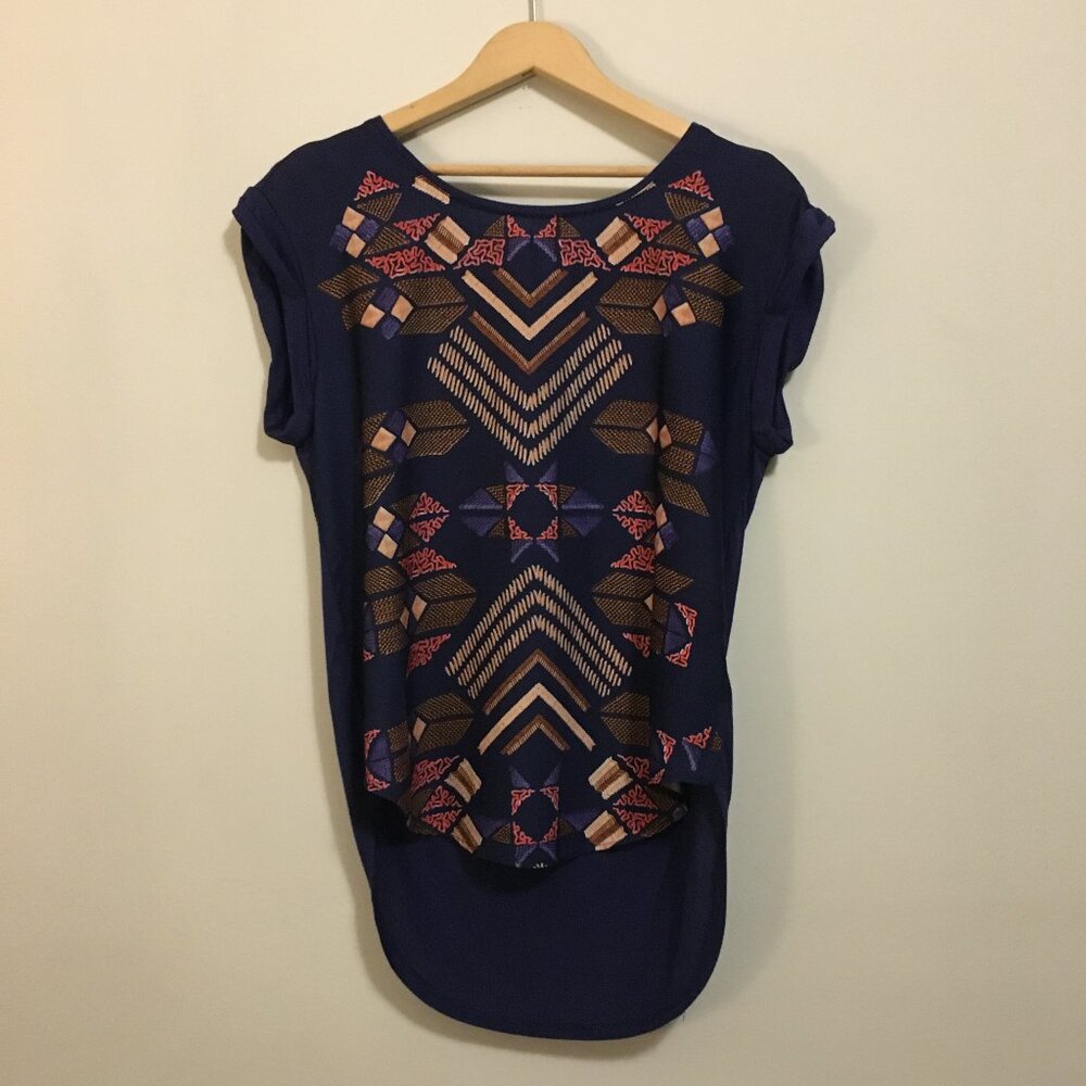 Catherine Malandrino Blue Western Gothic Print Droptail Rolled Sleeve Cuff Top